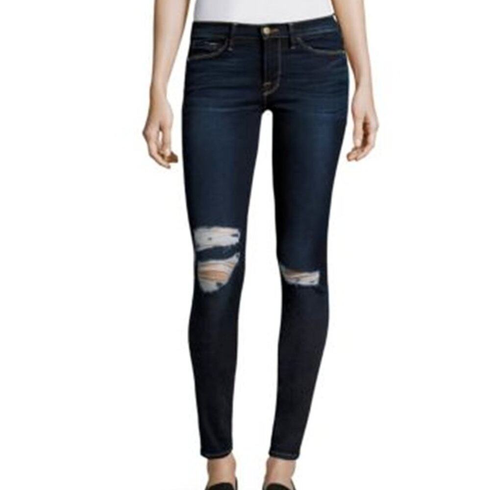 Frame Le Skinny de Jeanne Andover Distressed Mid Rise Size 26 Dark Blue
